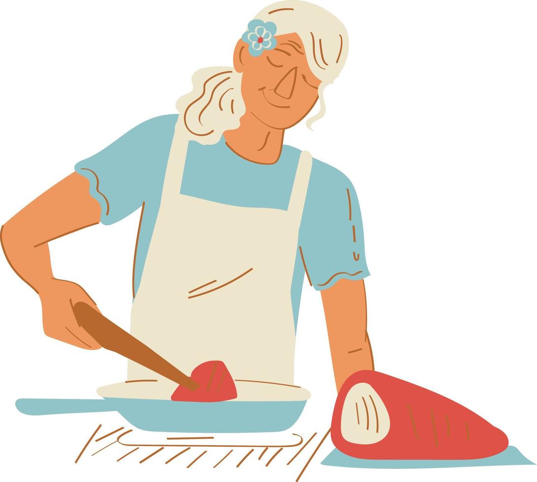 Elderly woman cooking meat in kitchen. Flat vector illustration.