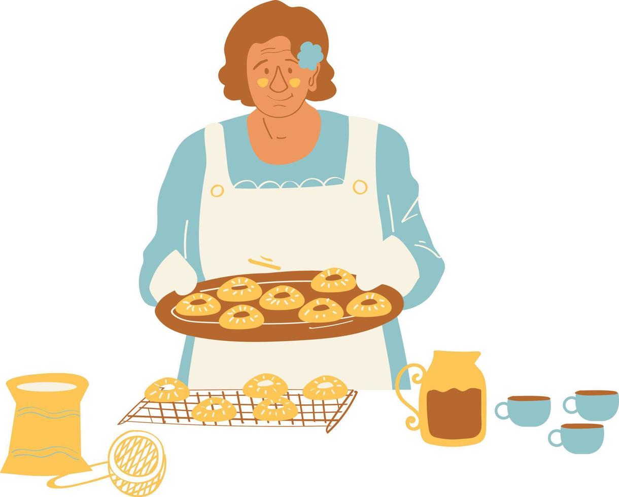 mayor mujer en delantal participación un bandeja con galletas. plano vector ilustración.