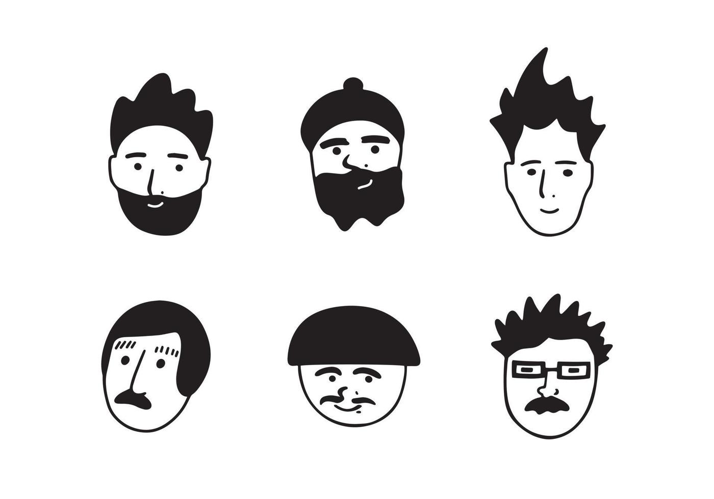 Hand drawn men faces doodle set. Black and white icons collection. vector