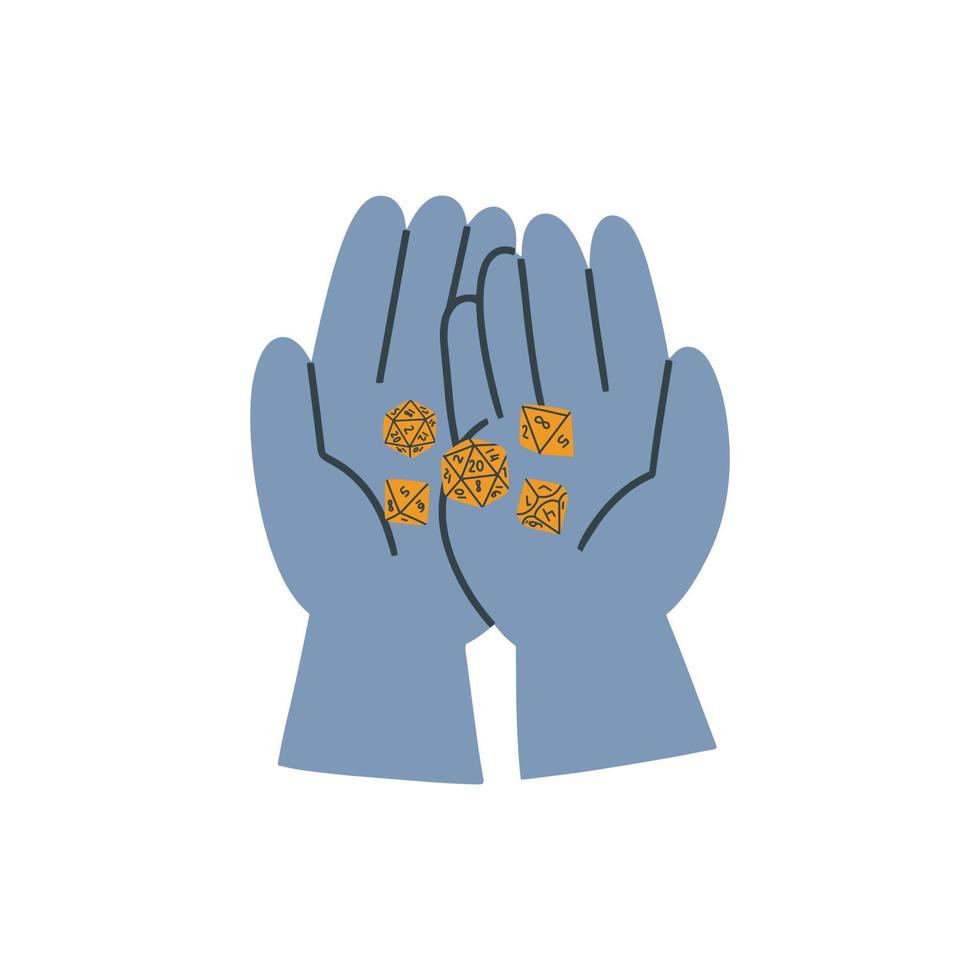 Hand-drawn doodle hands with dices. Simple doodle vector colored illustration