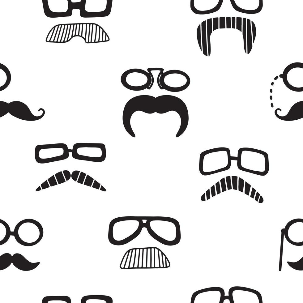 Hand drawn mustaches and glasses. Seamless doodle pattern on white background. vector