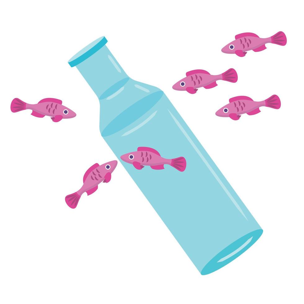 Silhouette of a pink fish in a bottle. Ocean pollution concept. Flat cartoon icon for your design. Vector illustration isolated on white background.