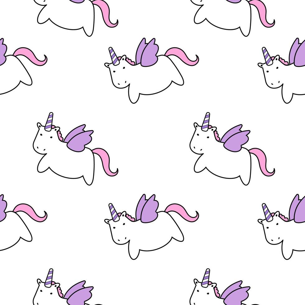 Unicorn pink seamless pattern, flat, doodle background vector illustration. Baby wallpaper for nursery