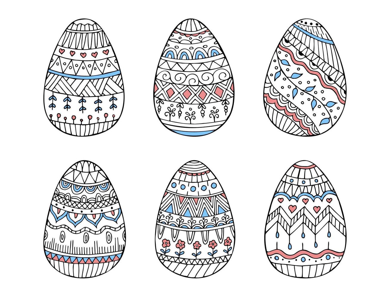 Hand drawn doodle color set with easter eggs. Easter zentangle. Vector eggs with ornament.