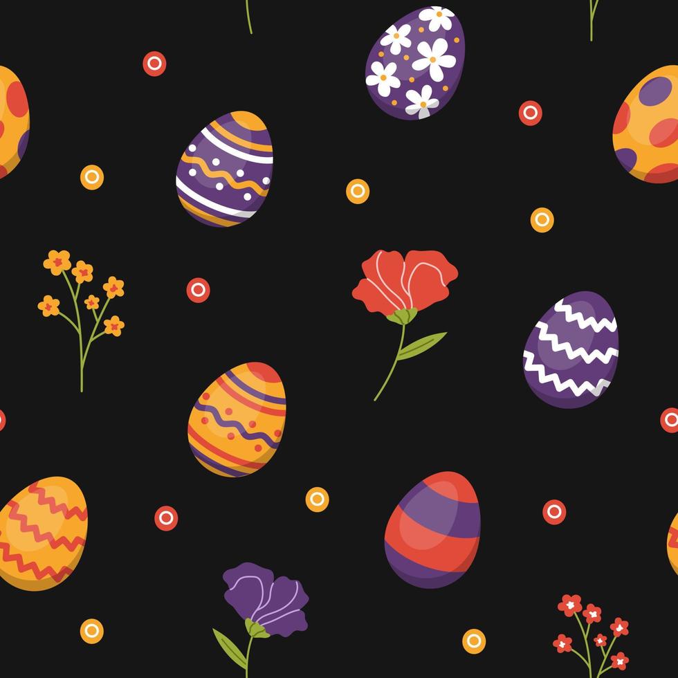 Vector easter seamless pattern with eggs and flowers. Easter eggs on black background. Floral pattern.