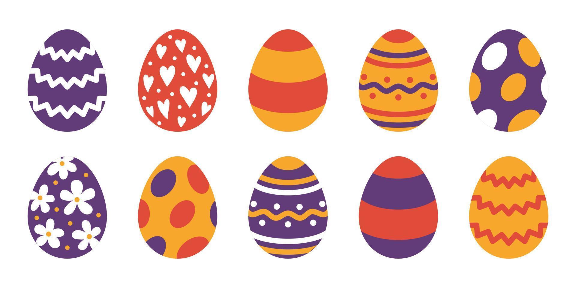 Vector set of easter eggs in purple, orange and red colors. Easter collection in flat design. Egg hunt.