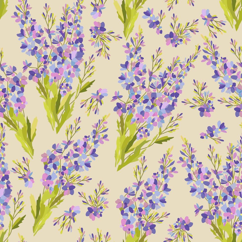 Vector seamless floral pattern with blue flowers and green leaves on light beige background.