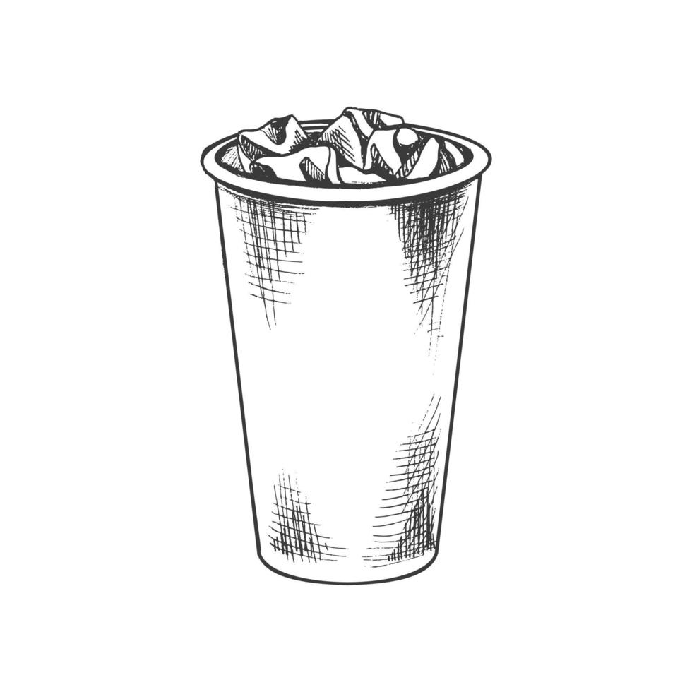 Hand-drawn sketch of  paper cup of  cola with ice  isolated on white background. Fast food vintage illustration. Element for the design of labels, packaging and postcards vector