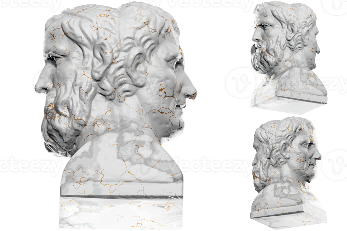 Render of Double Herm of Aristophanes and Menander in marble and gold png