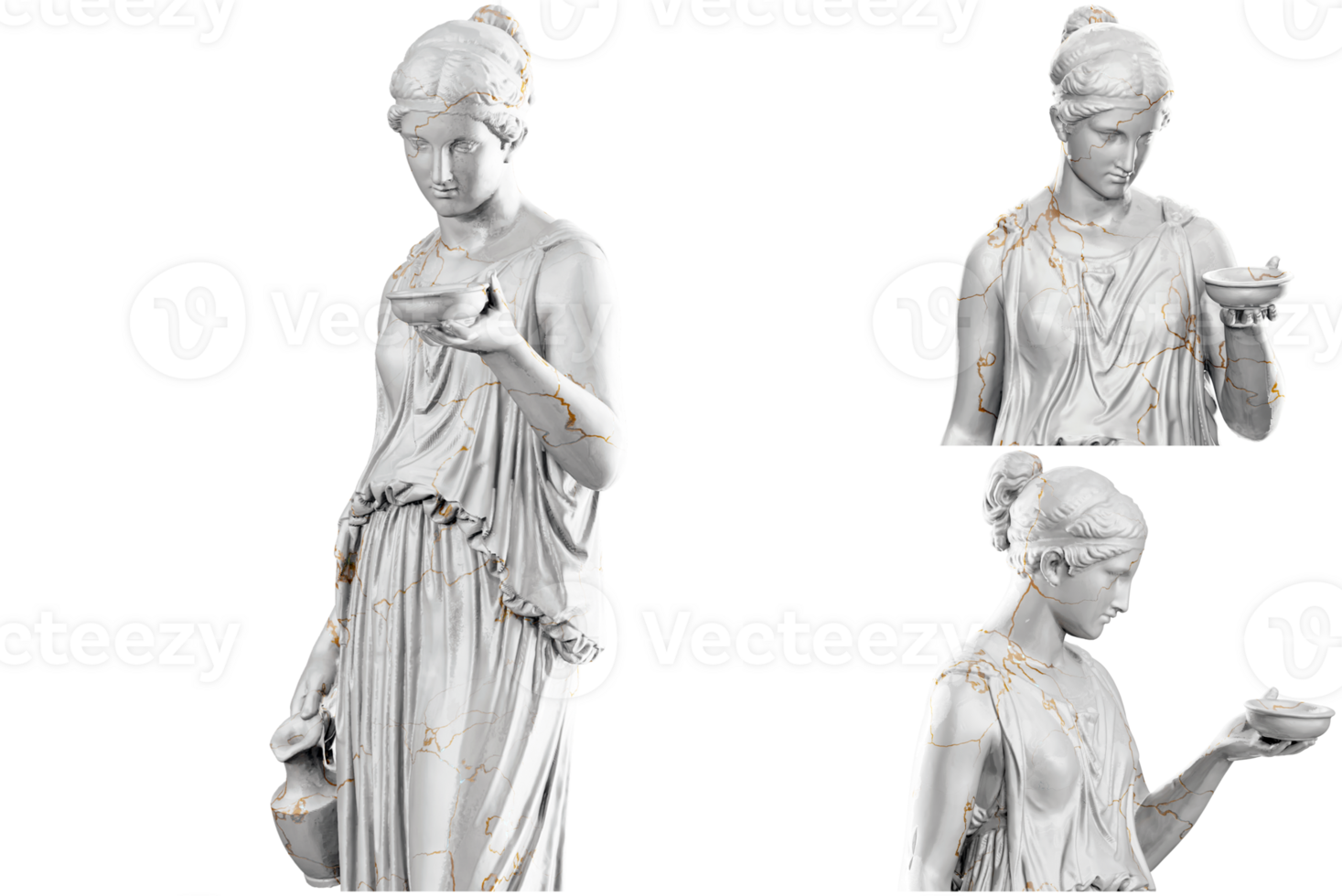 3D render of a historical bust statue with stone texture and gold accents. Ideal for historical design projects. png