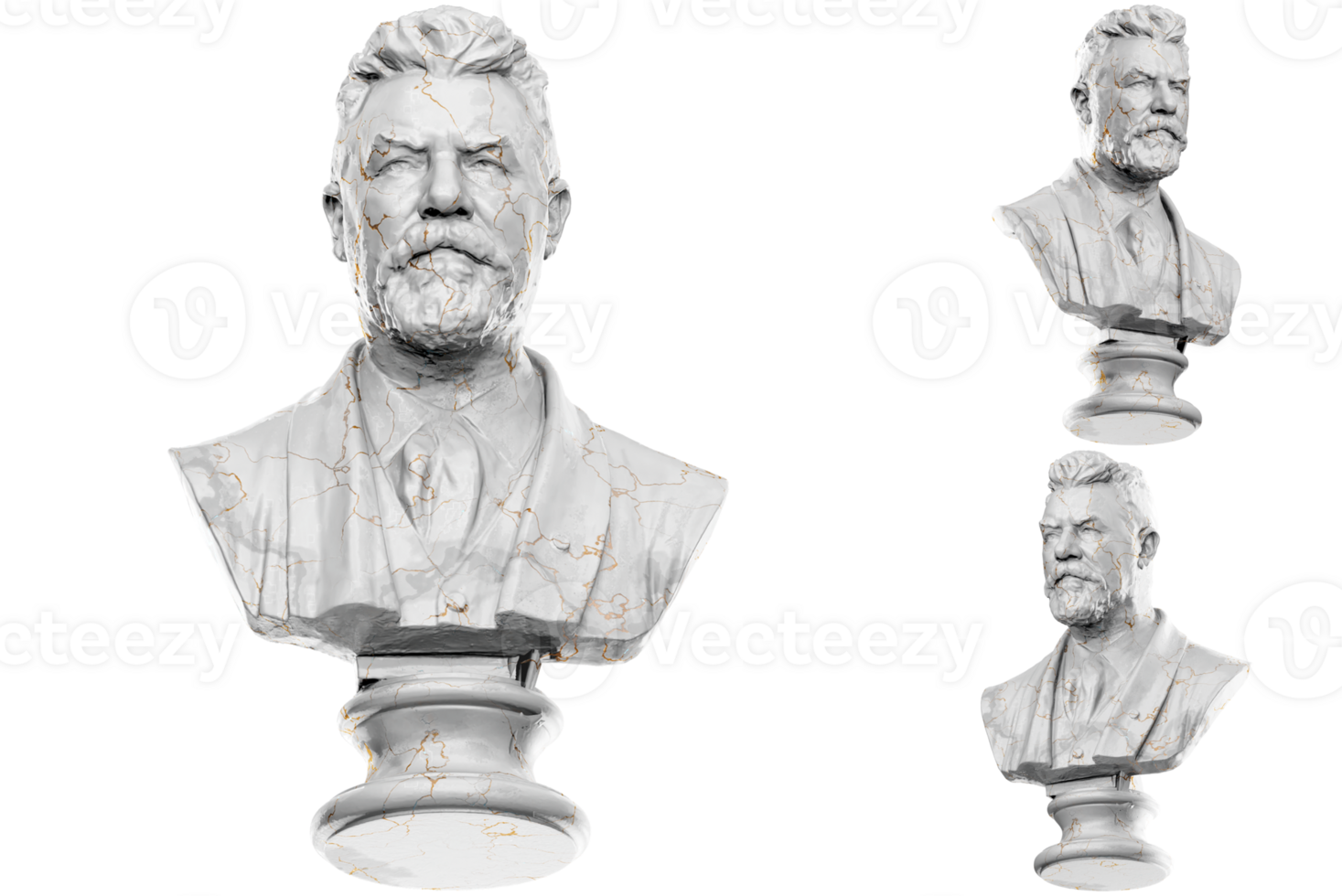 3D render of a historical bust statue with stone texture and gold accents. Ideal for historical design projects. png