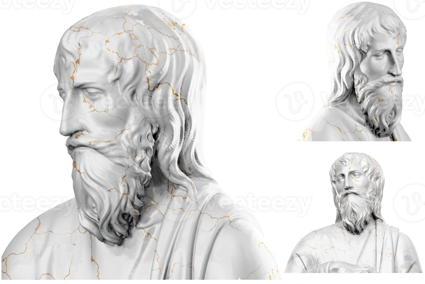 3D render of a historical bust statue with stone texture and gold accents. Ideal for historical design projects. png