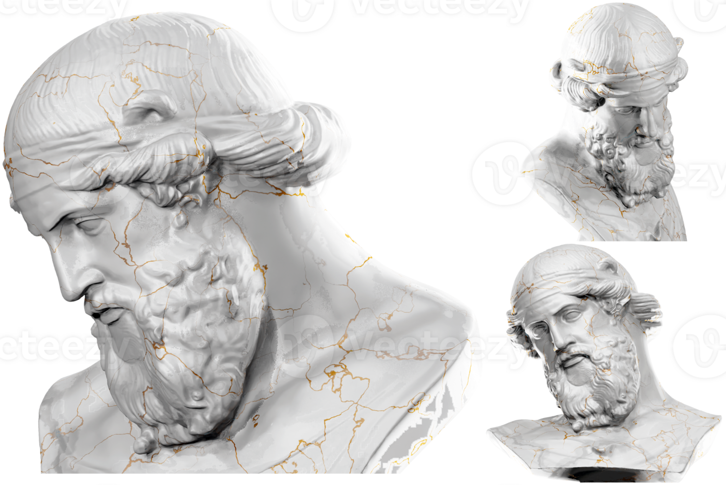 3D render of a historical bust statue with stone texture and gold accents. Ideal for historical design projects. png