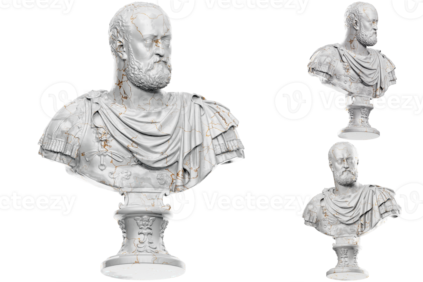 3D render of a historical bust statue with stone texture and gold accents. Ideal for historical design projects. png