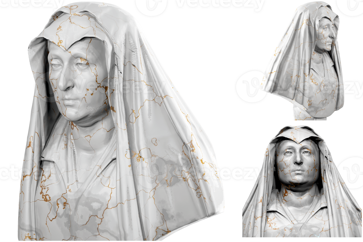 3D render of a historical bust statue with stone texture and gold accents. Ideal for historical design projects. png