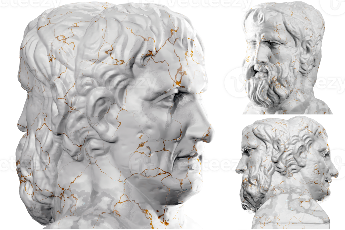 3D render of a historical bust statue with stone texture and gold accents. Ideal for historical design projects. png