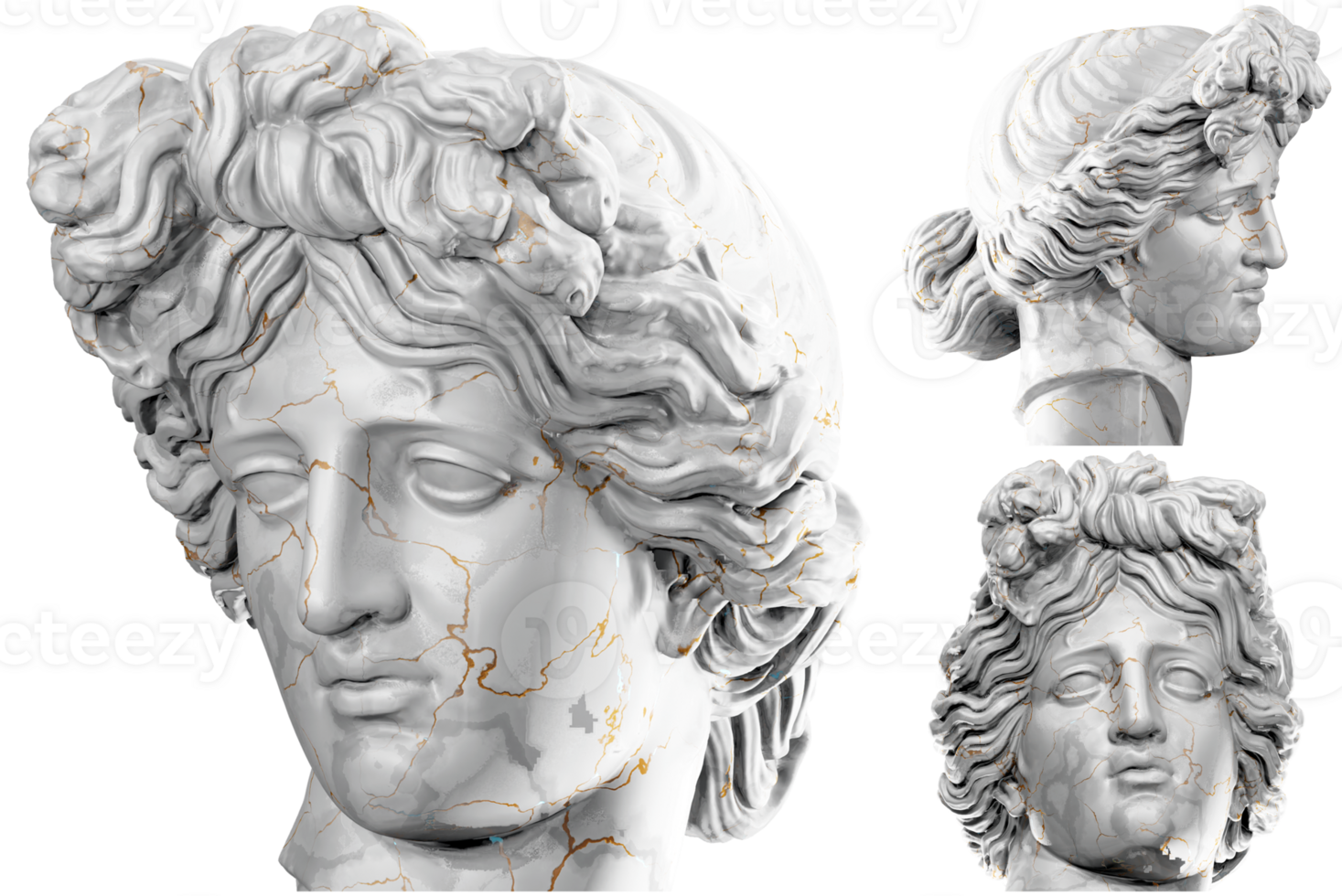 3D render of a historical bust statue with stone texture and gold accents. Ideal for historical design projects. png