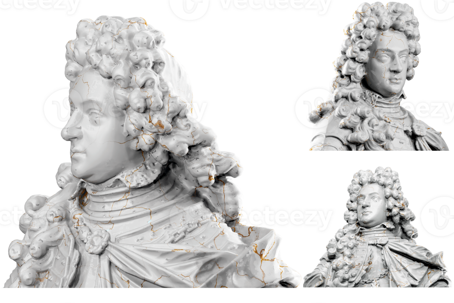 3D render of a historical bust statue with stone texture and gold accents. Ideal for historical design projects. png