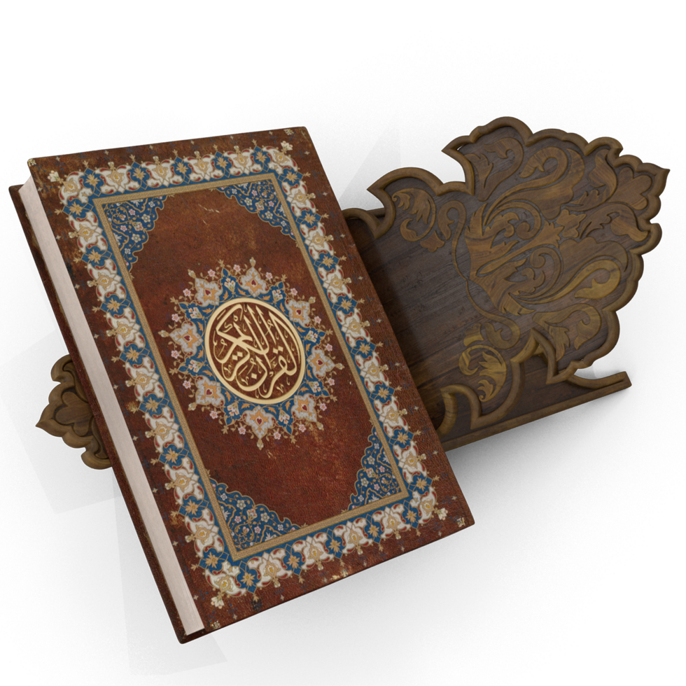 3d heilig koran of Bijbel Aan boek houder staan png