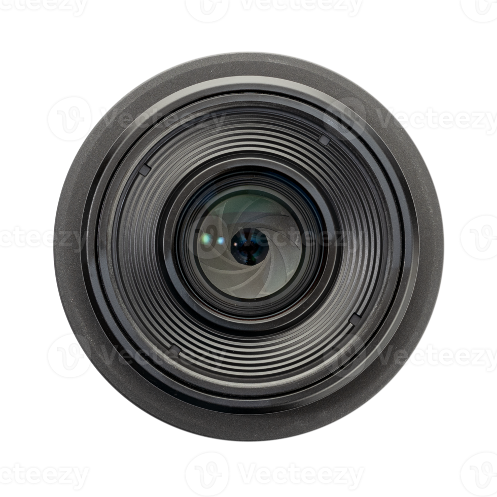 främre se av en modern Foto kamera lins isolerat. kamera öga png