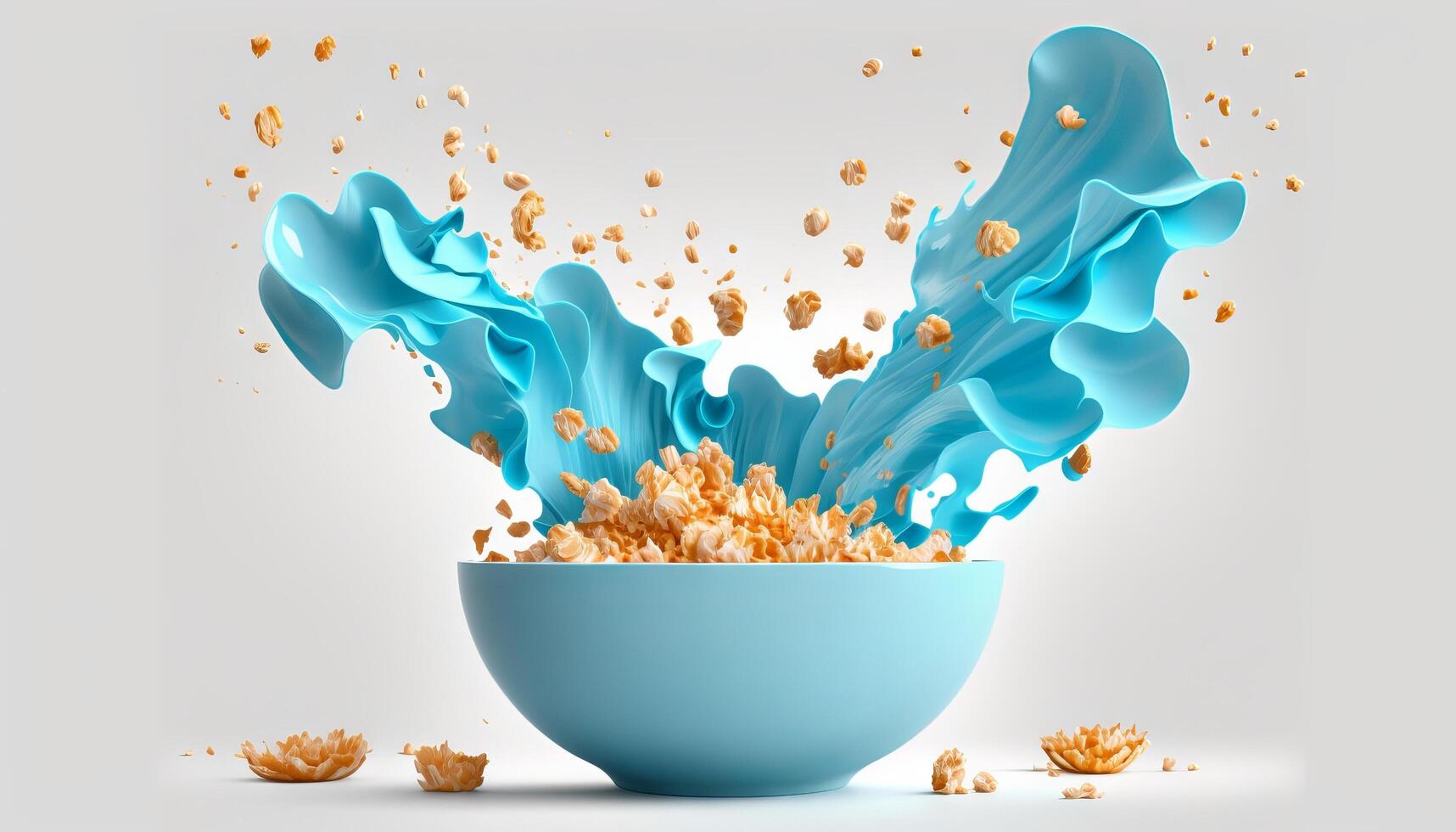cornflakes in blue bowl. Breakfast cereal with splashing milk isolated on white background. photo