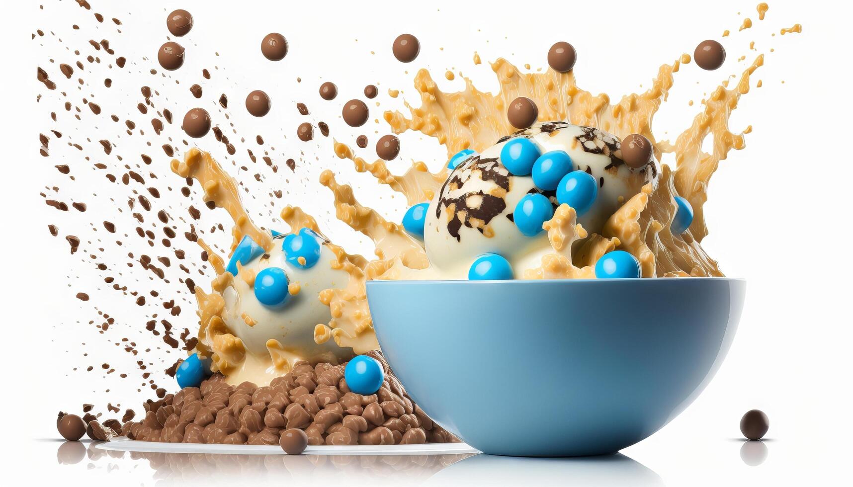 breakfast cereal with splashing milk isolated on white background. photo