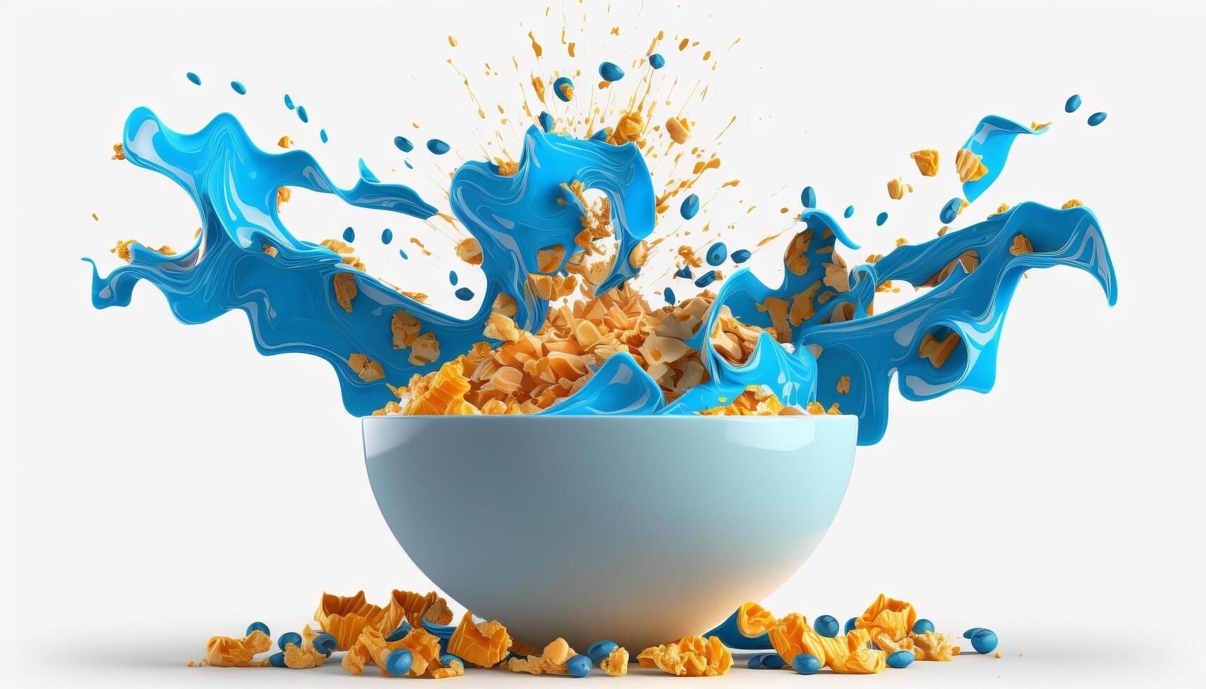 cornflakes in blue bowl. Breakfast cereal with splashing milk isolated on white background. photo