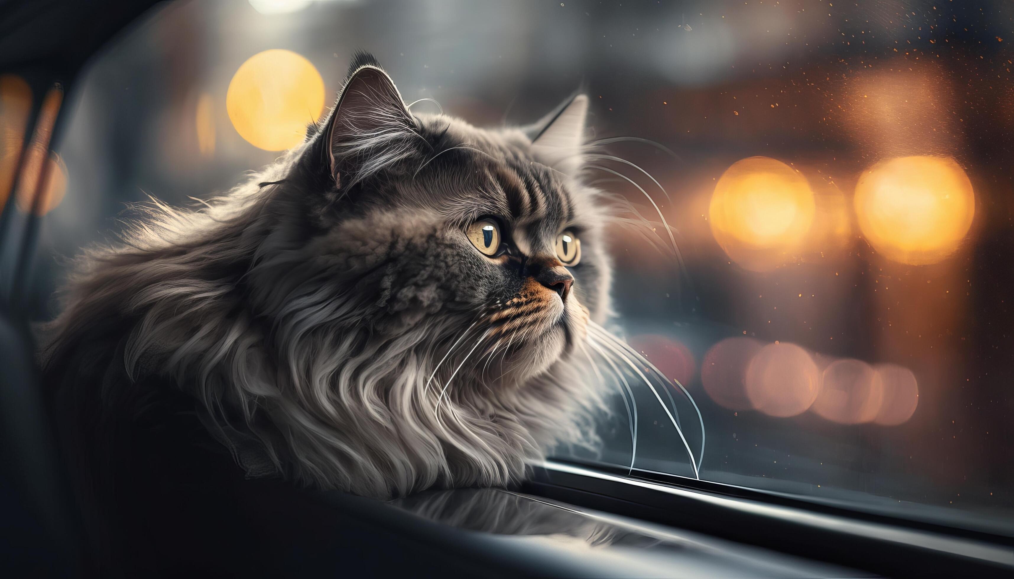 Funny cat rides in a car and looks out of the window at the street