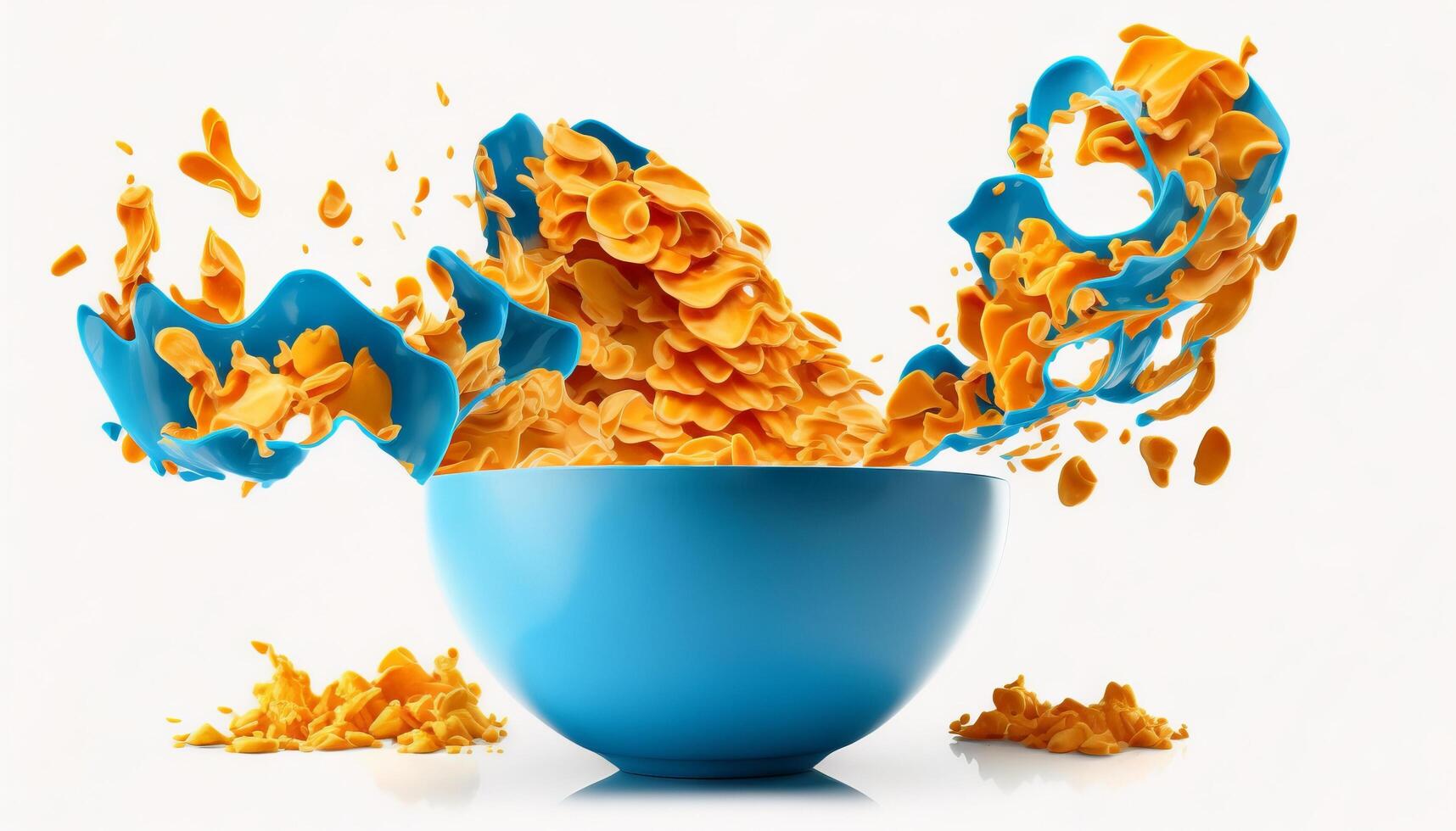 cornflakes in blue bowl. Breakfast cereal with splashing milk isolated on white background. photo