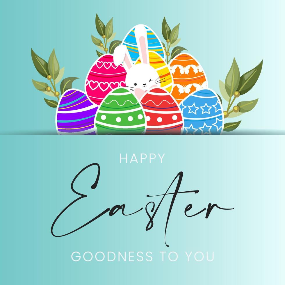 Easter poster and banner template with Easter eggs and bunny on light green background. vector