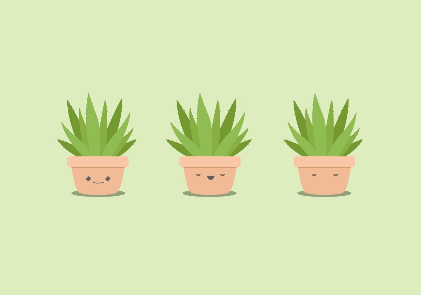 kawaii cute aloevera plant in clay pot cartoon vector illustration emoji features smile, happy and sleeping expression face