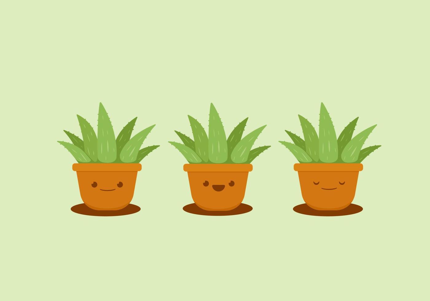 set cute aloevera plant in brown clay pot vector emoji illustration  features smile, happy and sleeping expression face
