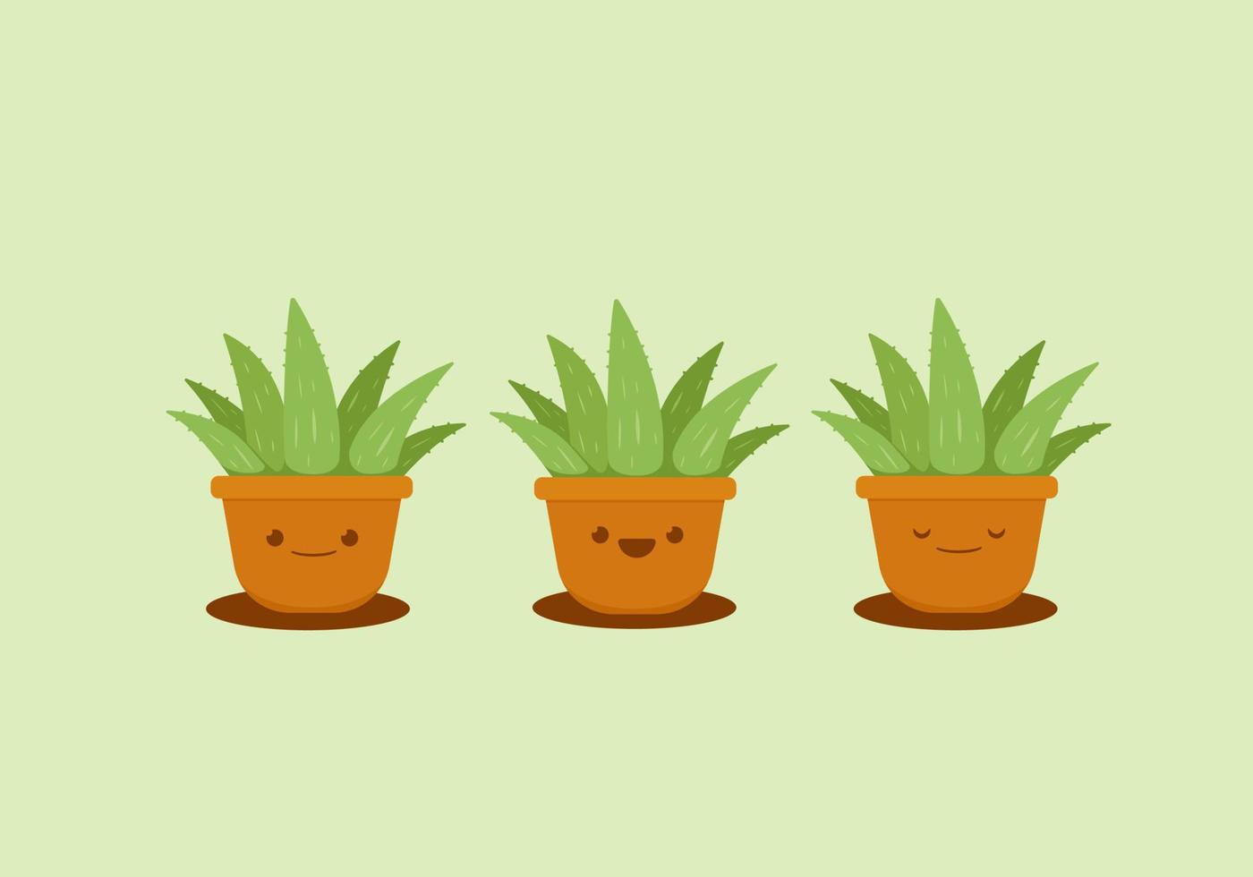 conjunto linda Aloe vera planta en marrón arcilla maceta vector emoji ilustración caracteristicas sonrisa, contento y dormido expresión cara