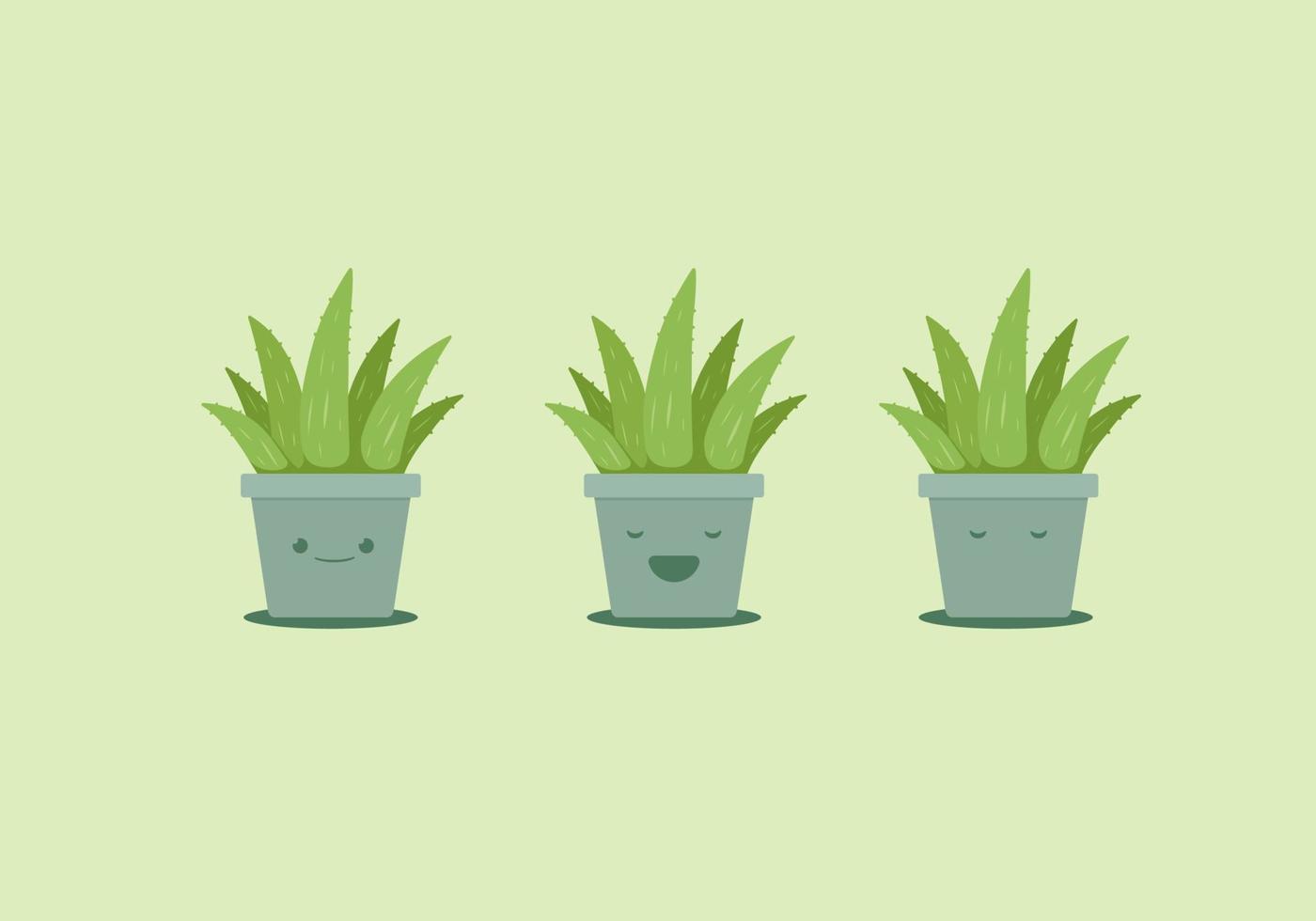 set of cute aloe vera plant in cement clay pot vector emoji illustration features smile, happy and sleeping expression face