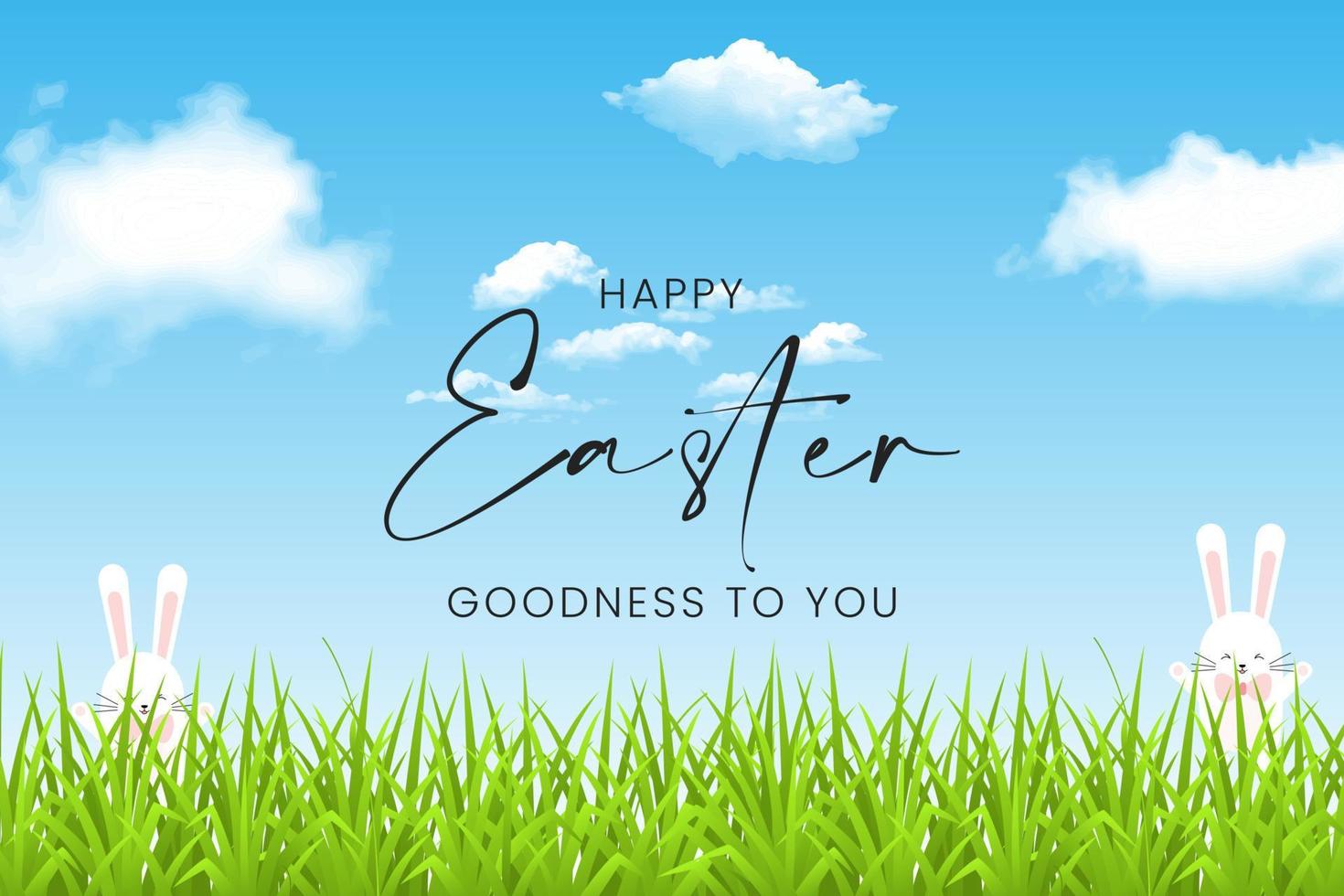 Easter poster and banner template in realistic landscape with grass and rabbits on cloudy bright sky background. vector