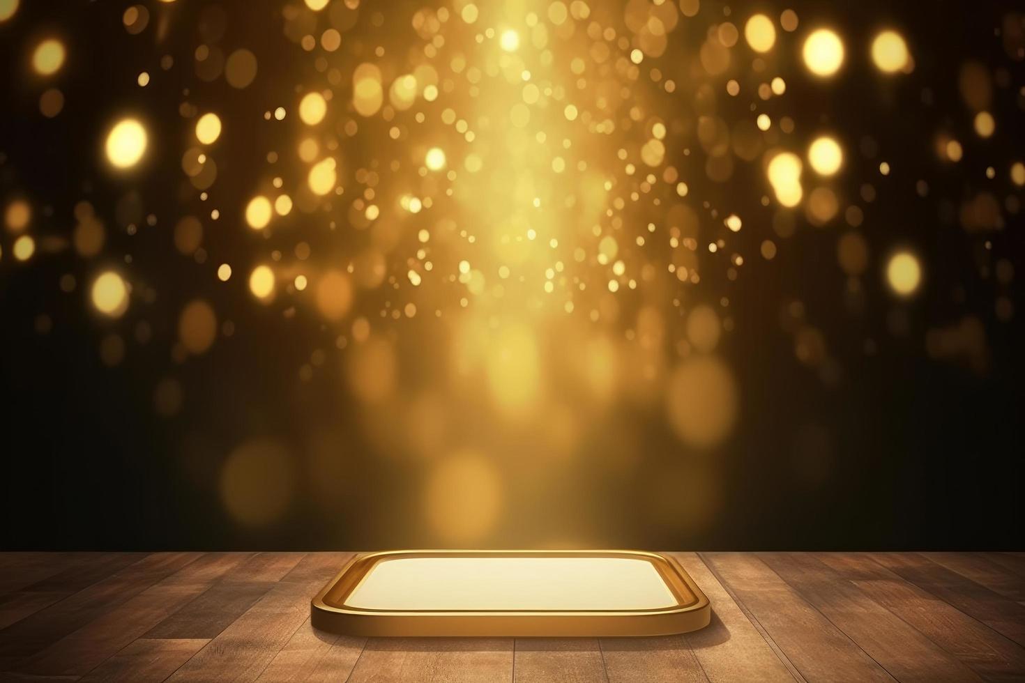 gold frame mock up stage with bokeh effect lighting background photo