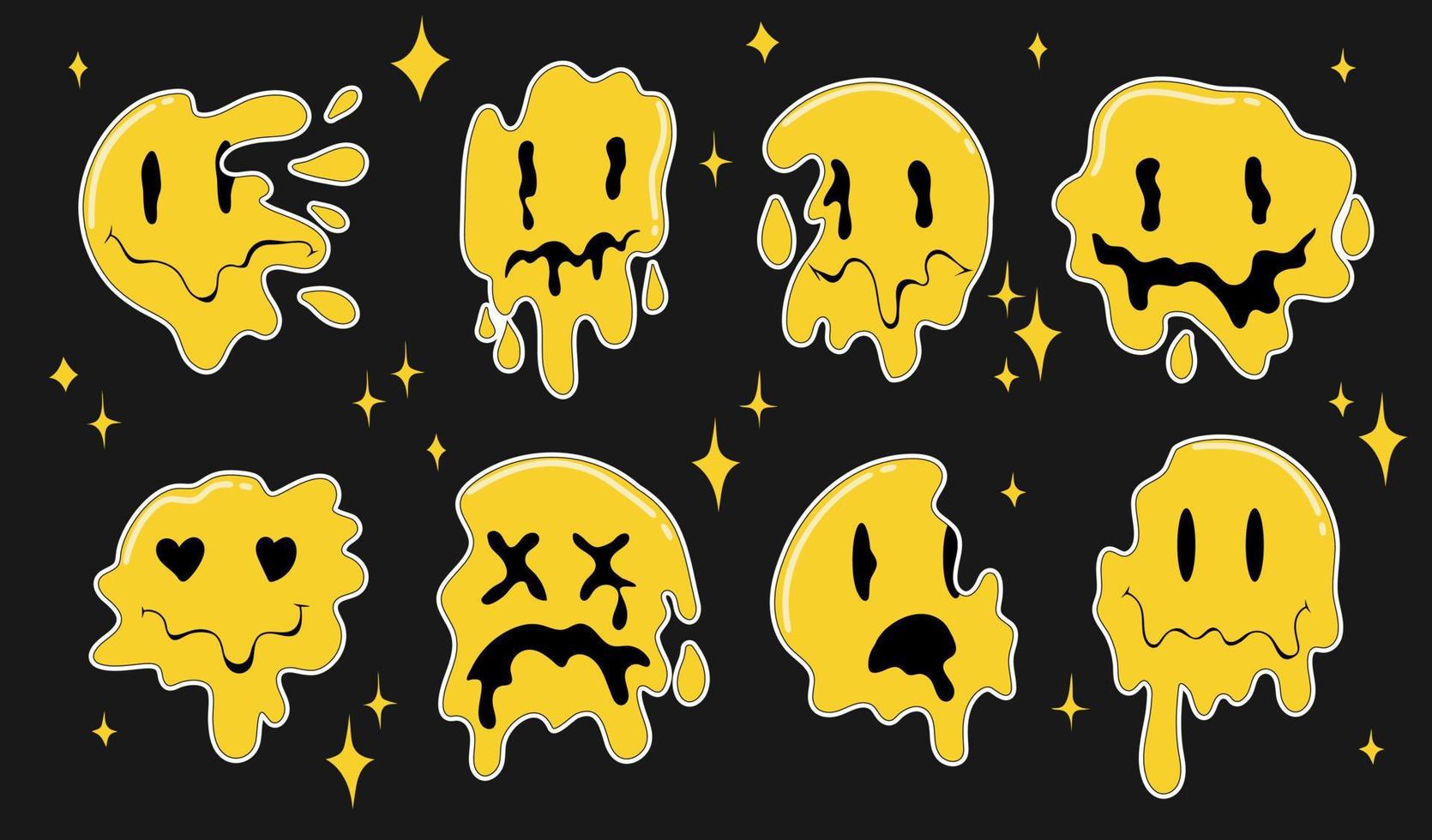 Trippy sticker set of melted smiley faces vector