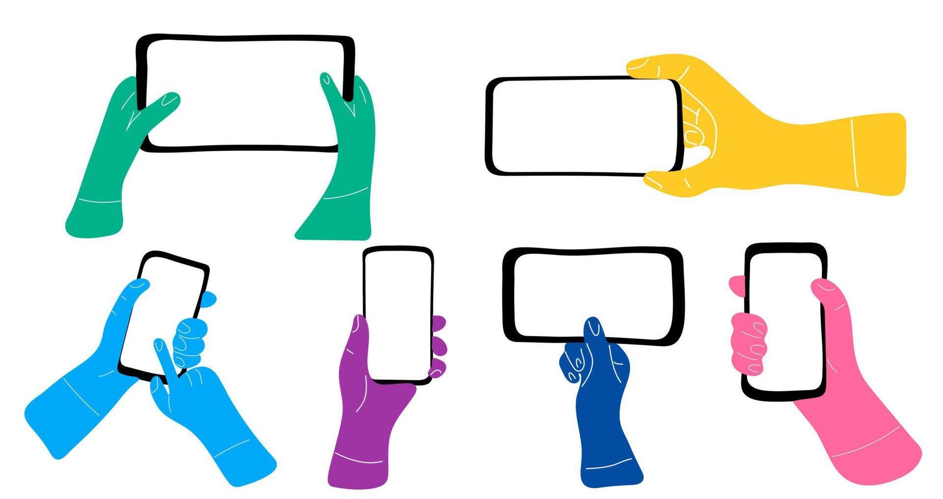 Cartoon set of human hands holding mobile phone with blank screen vector