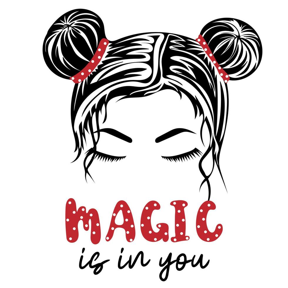 Magic is in you. Silhouette of a girl face with messy hair in a bun and long eyelashes vector