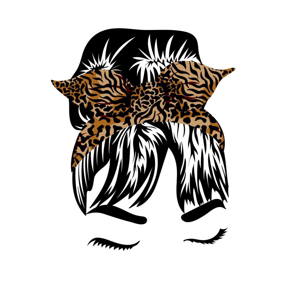 Silhouette of a girl face with messy hair in a bun and tiger bandana for head wrap vector