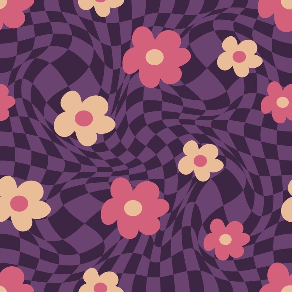 Abstract square seamless pattern with vintage groovy daisy flowers vector