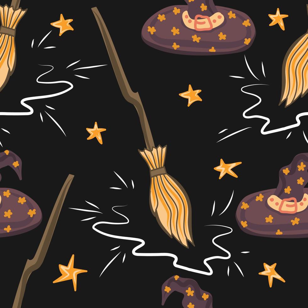 Seamless pattern of witch hat and broom. vector