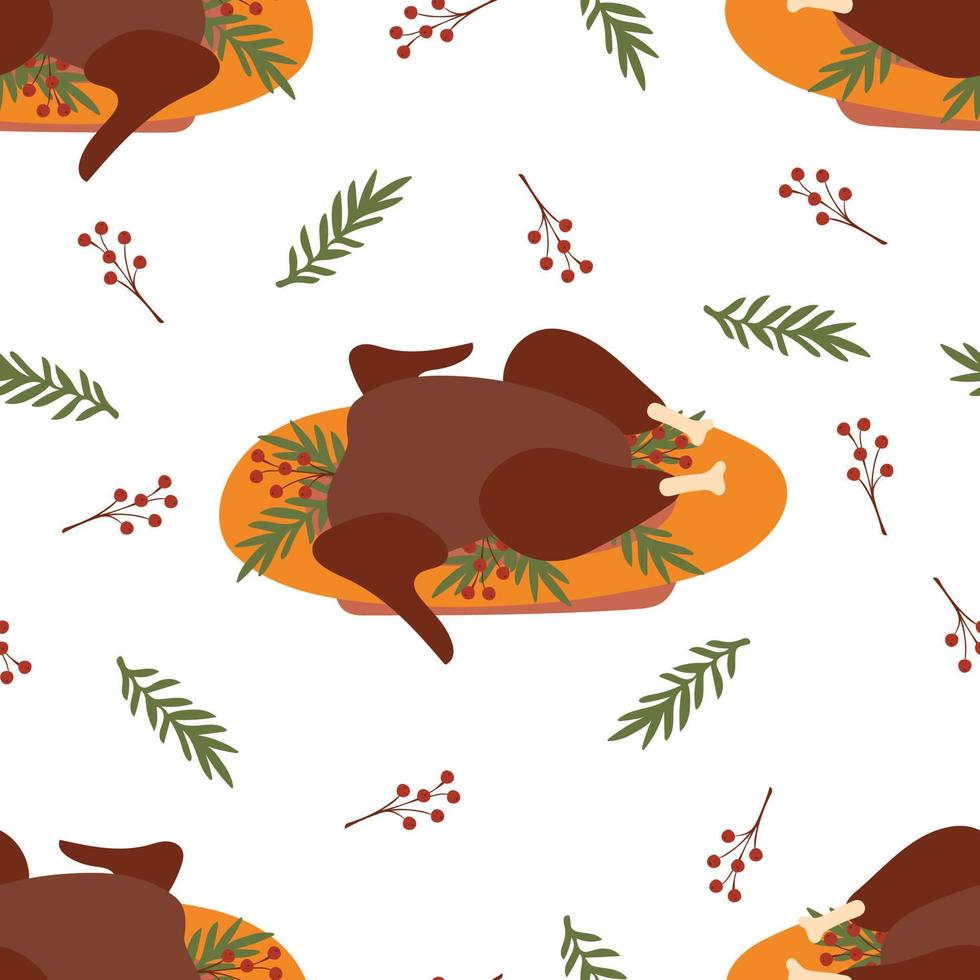 Seamless pattern with baked turkey, berries and leaves. Happy thanksgiving day vector