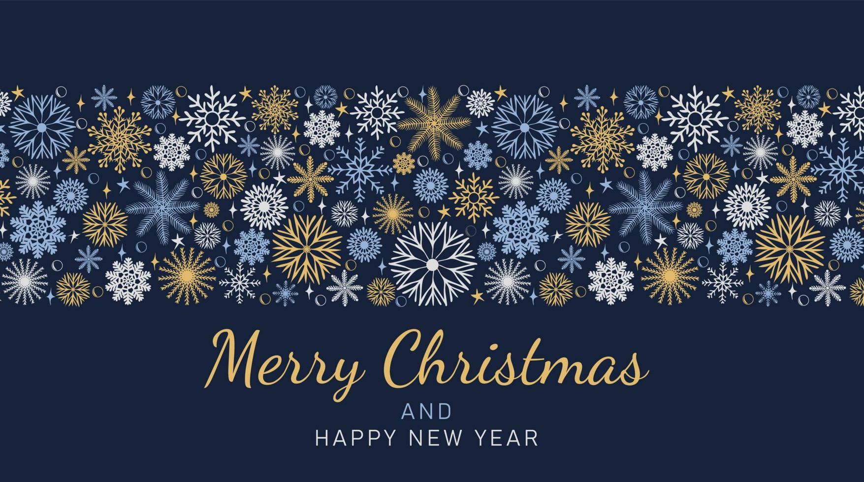 Merry Christmas and Happy New Year festive design. Winter Holidays border made of beautiful snowflakes in modern line art style on dark blue background vector