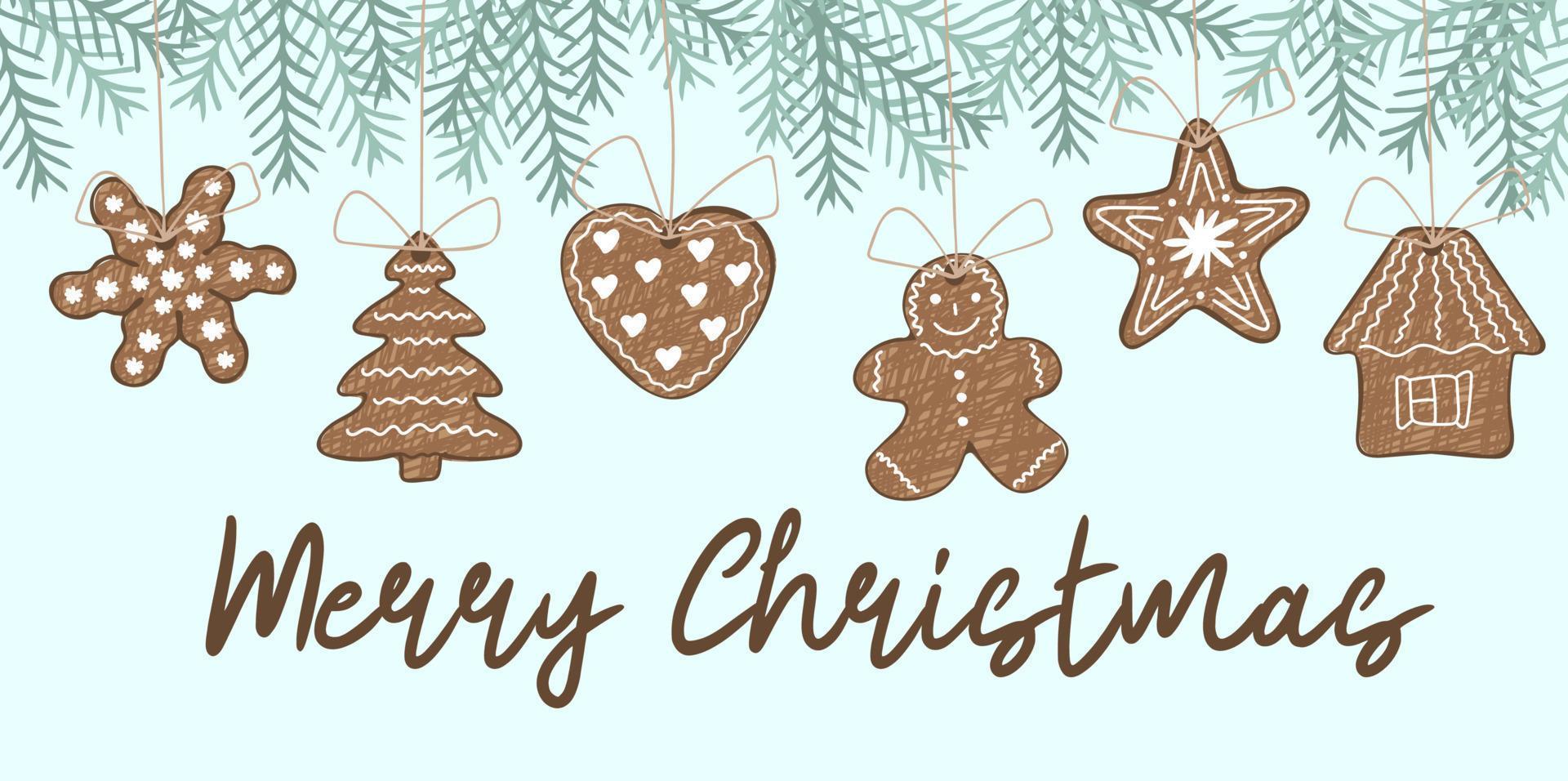 Merry Christmas hand drawn poster with gingerbreads vector