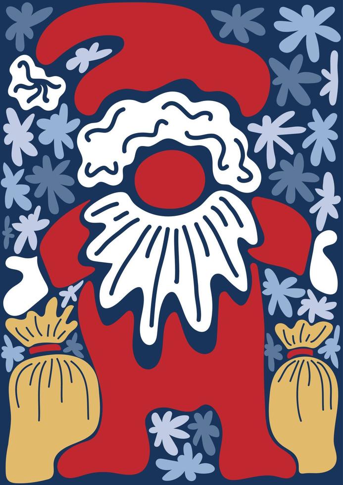 Abstract retro poster with santa claus and snowflakes in naive style. Merry Christmas and happy new year vector