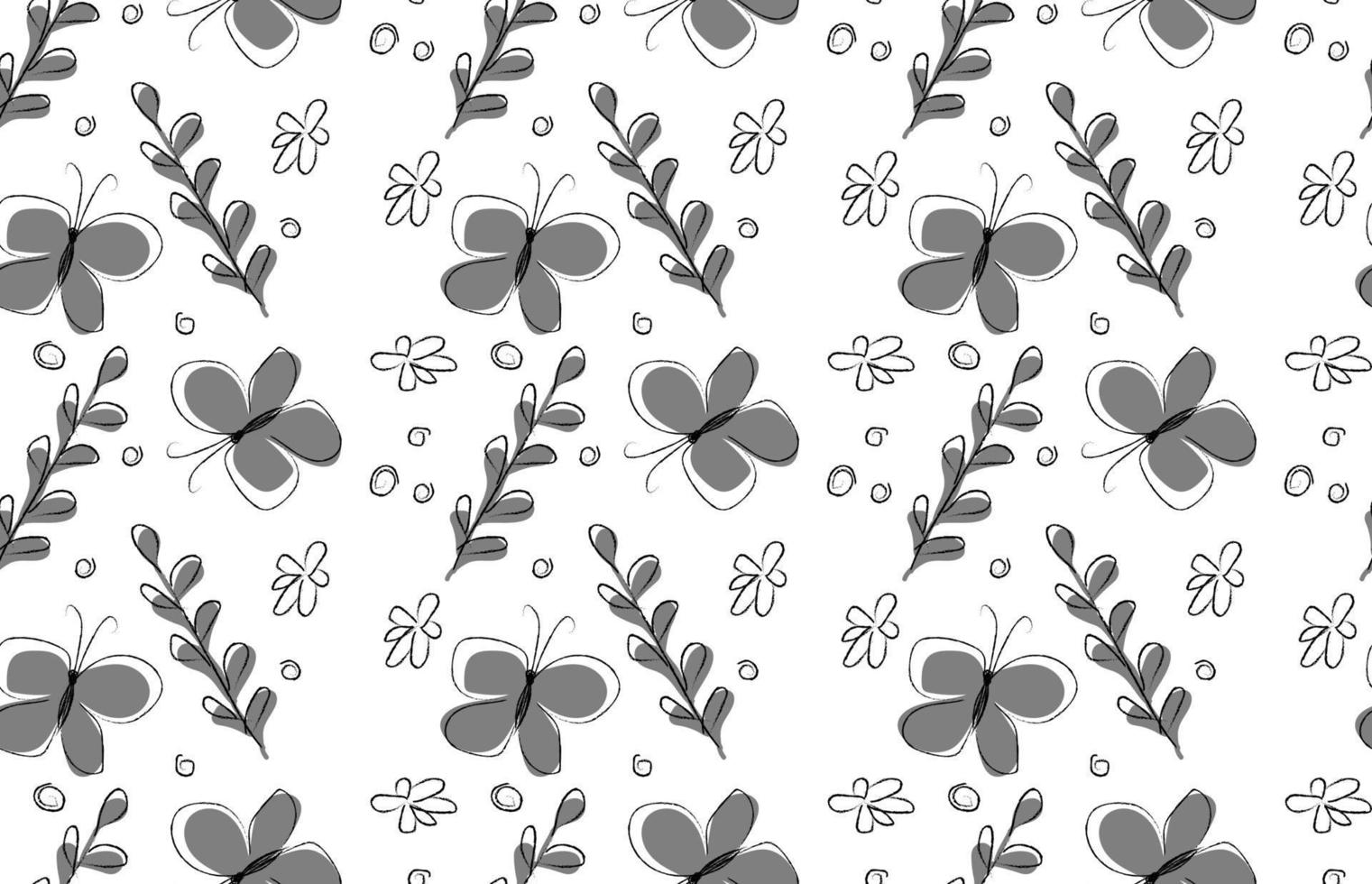 Seamless pattern of hand-drawn butterflies, flowers and twigs. vector