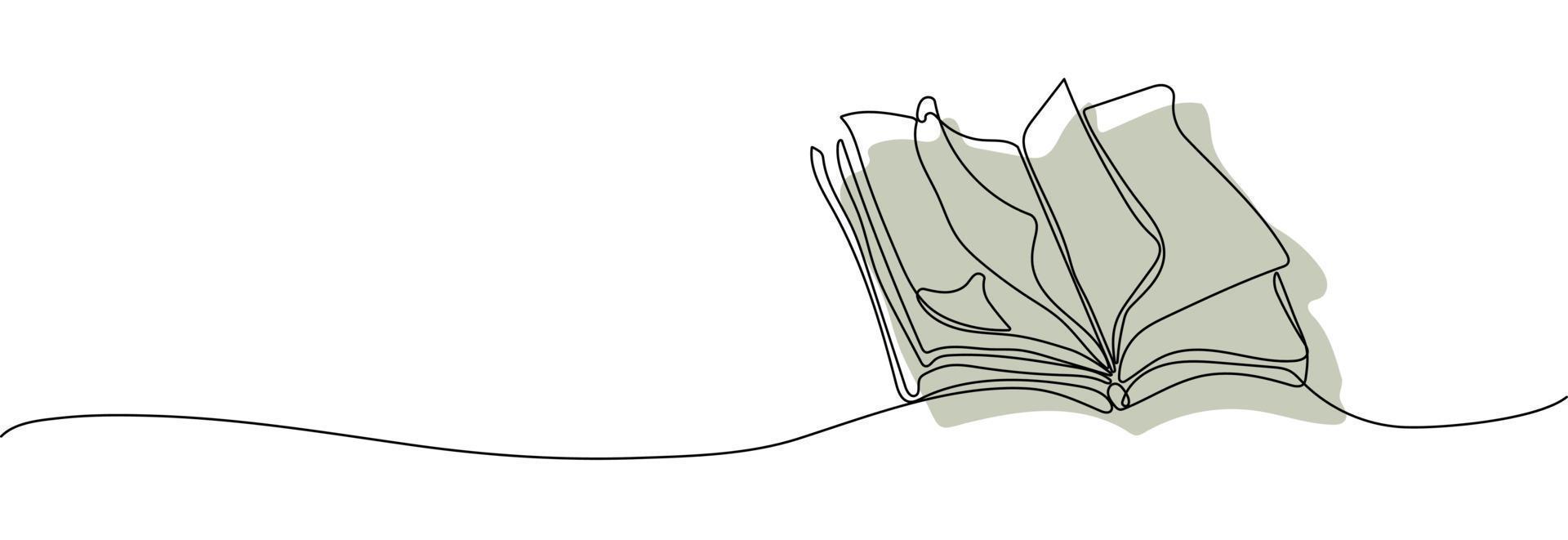 Continuous one line drawing open book with flying pages. vector