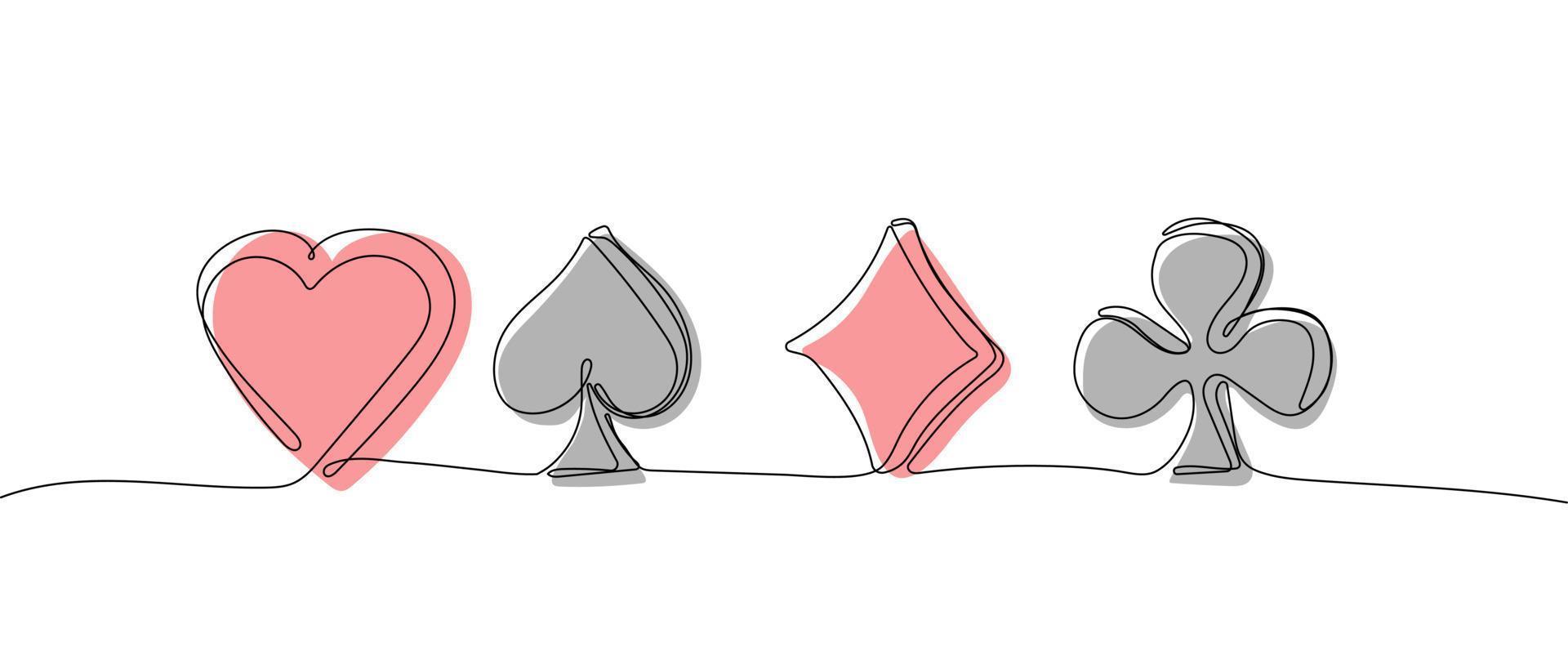 Continuous one line drawing of poker card suits vector