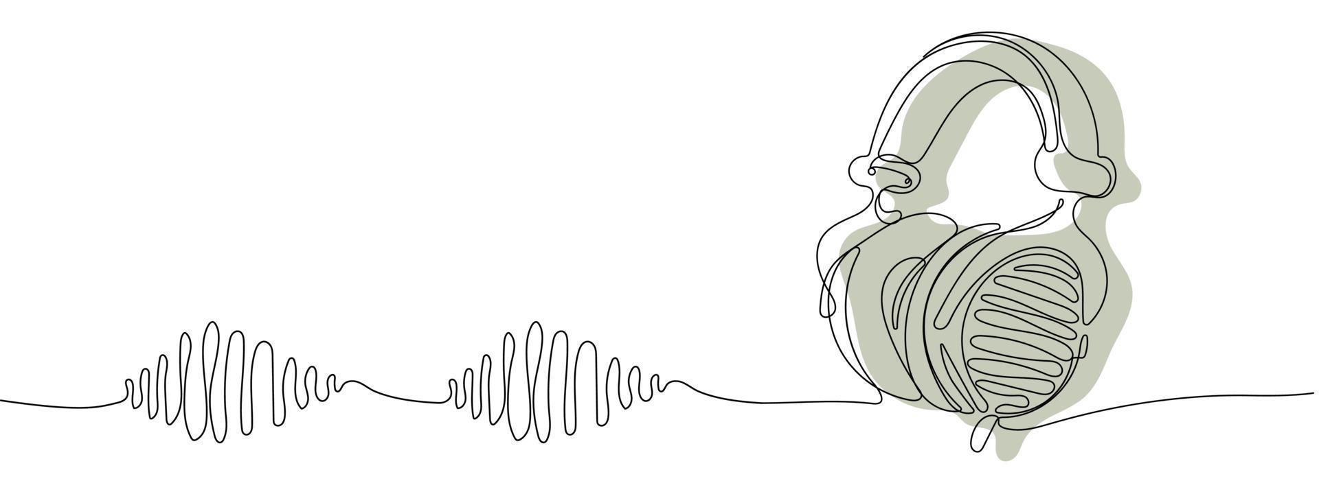 Continuous one line drawing of headphone with musical sound wave vector